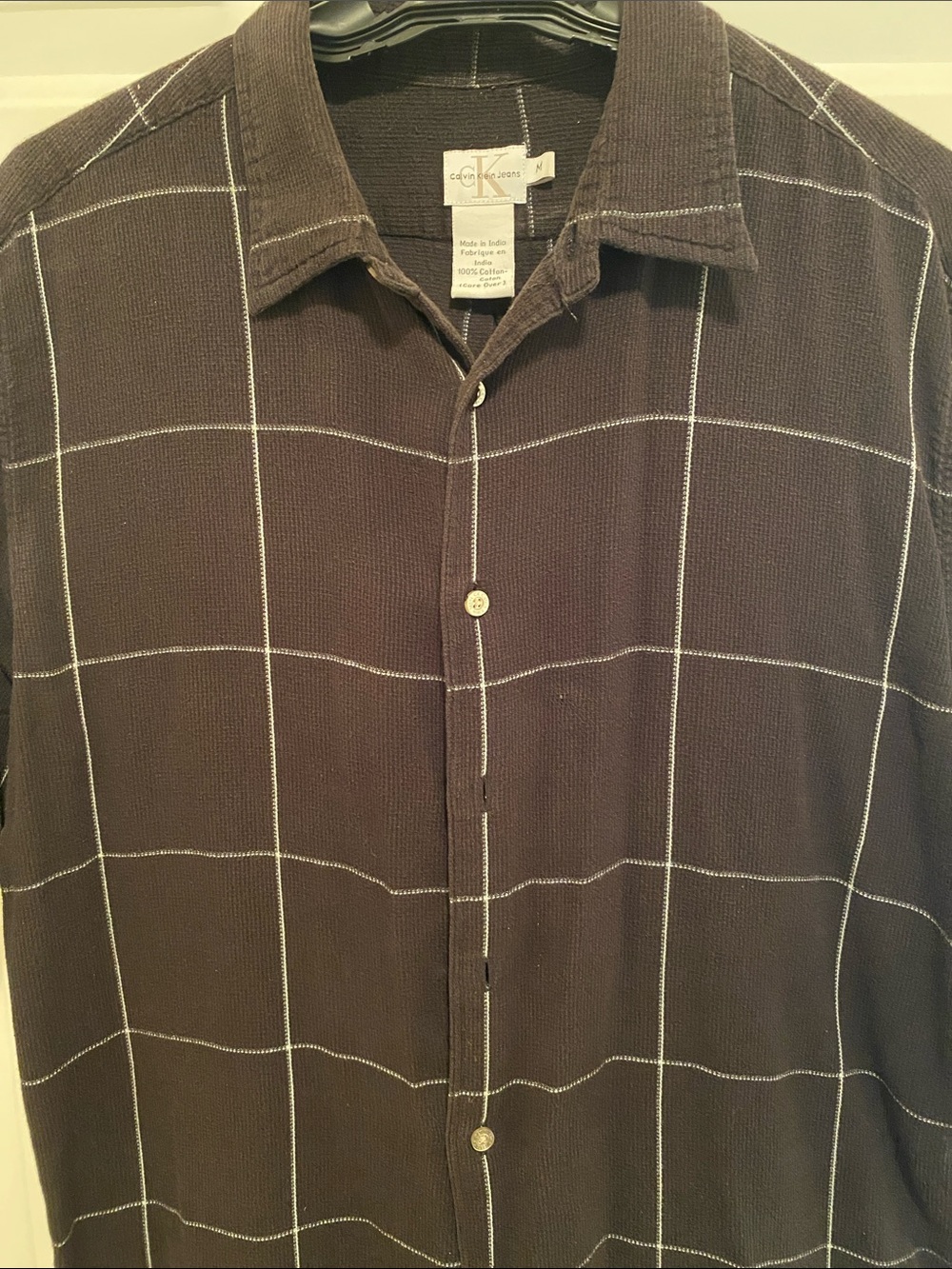 Calvin Klein Black Cotton Gauze Windowpane Button-Down Shirt M